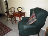 Windsor chair, side table with drawer, decorator plate and wing back chair