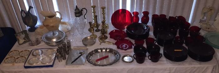 Ruby Red Glassware, Vintage Pottery, etc.