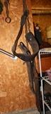Antique blacksmith forged harness with leather strap and wood & iron yoke.
