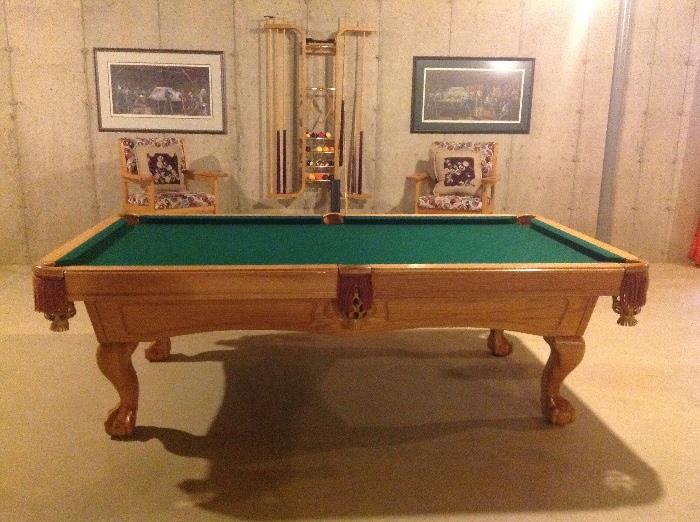 Craftsman Slate Oak Pool Table, Ball and Claw, Leather Pockets, Two Chairs, Custom Pillows, Cover and all Accessories