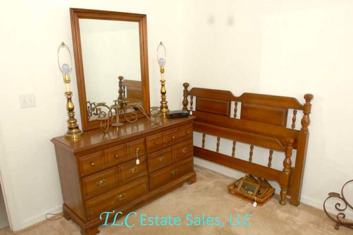 Dresser with attached mirror and matching full size head and footboard 