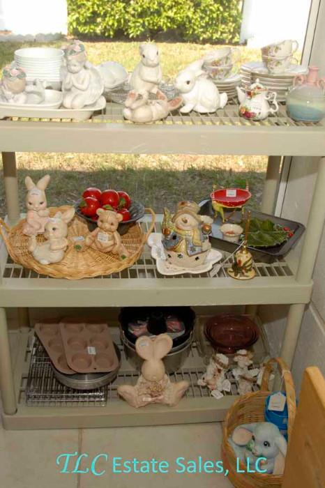 Misc Corelle type pieces, hand painted Easter figurines, bake ware, baking racks, baskets and wooden tray sets.