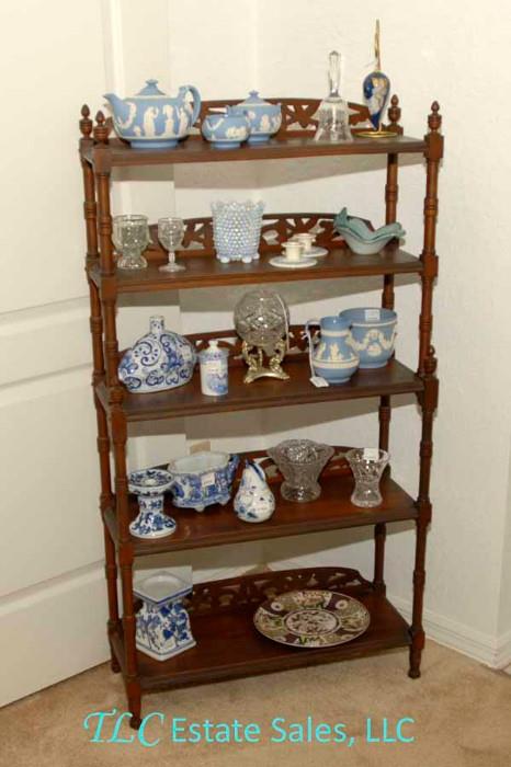 Vintage wooden shelves with Oriental design Blue & White as well as Wedgwood pieces.