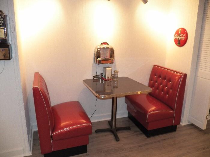 red leather booth, table 