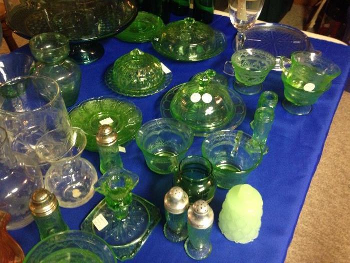 Green depression glass, various patterns