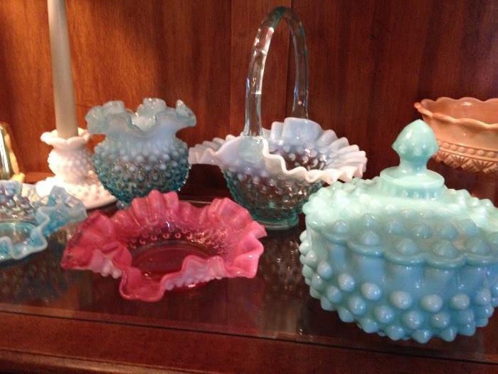 Fenton Aqua baskets, vases, covered dishes, Cranberry Fenton Candy dish