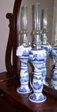 Pair of tall Blue Willow pattern oil lamps