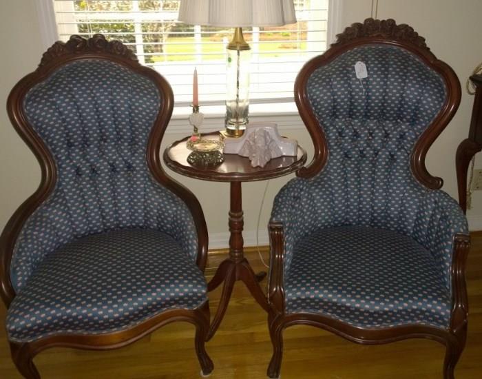 Pair beautifully upholstered Mr and Mrs chairs and mahogany "pie crust" 3 legged table