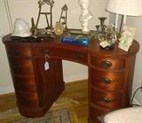 Kidney shaped mahogany kneehole desk with assorted additional sale items