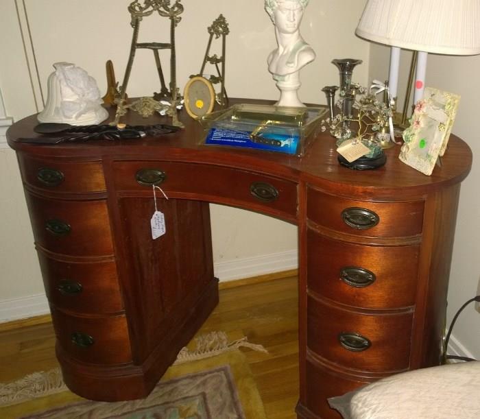 Kidney shaped mahogany kneehole desk with assorted additional sale items