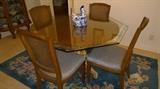 Glass topped kitchen table, set of 4 Italianate chairs and beautiful wood rug