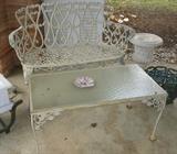More outdoor furniture - aluminum bench, cast iron coffee table and flower pots