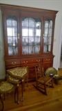 Very nice mahogany china cabinet loaded with the "Jeanette" pattern Sango china, set of 3 Italianate nesting tables, primitive child's rocker, brass items
