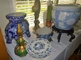 More "blue" -- elephant side table, "fish bowl" flower pot on stand, "Blue Danube" china plates, blue cachepot on metal stand