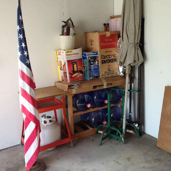 Electric Smoker, Power roller, steel lumber holders, American Flag in stand and more