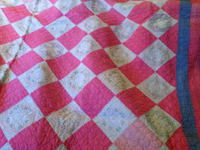 Beautiful pieced and embroidered quilt with nice scallop design