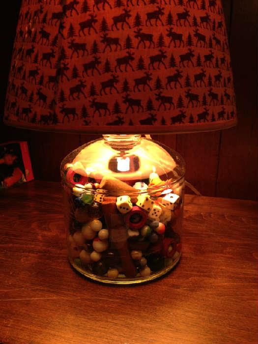 Great Jar Lamp contains lots of old toys, marbles, dice, bowling pins, balls, and more....well worth $50