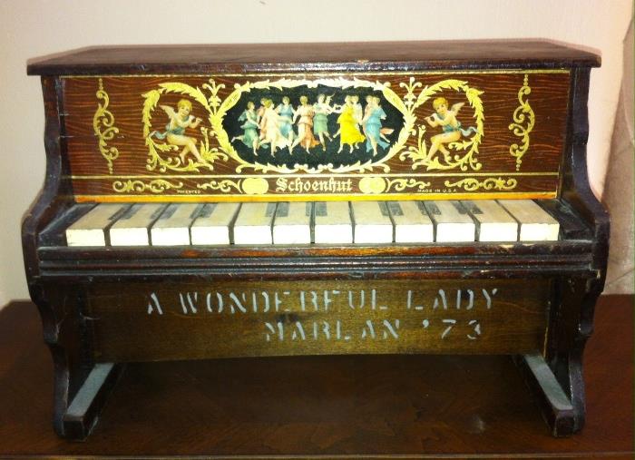 Antique toy piano by Schoenhut, excellent condition. Dates from late 1800s--full inscription says "TO CORAL, A WONDERFUL LADY, MARLAN '73". That's 1873!