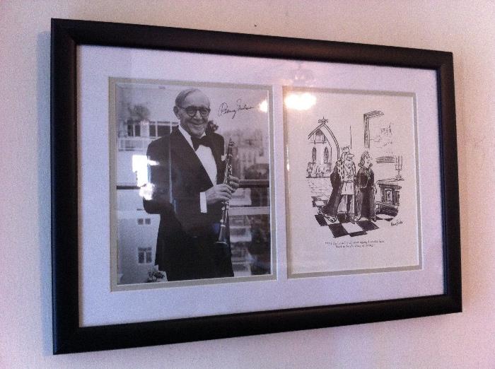 Autographed photo of Benny Goodman, professionally framed with a related comic strip.