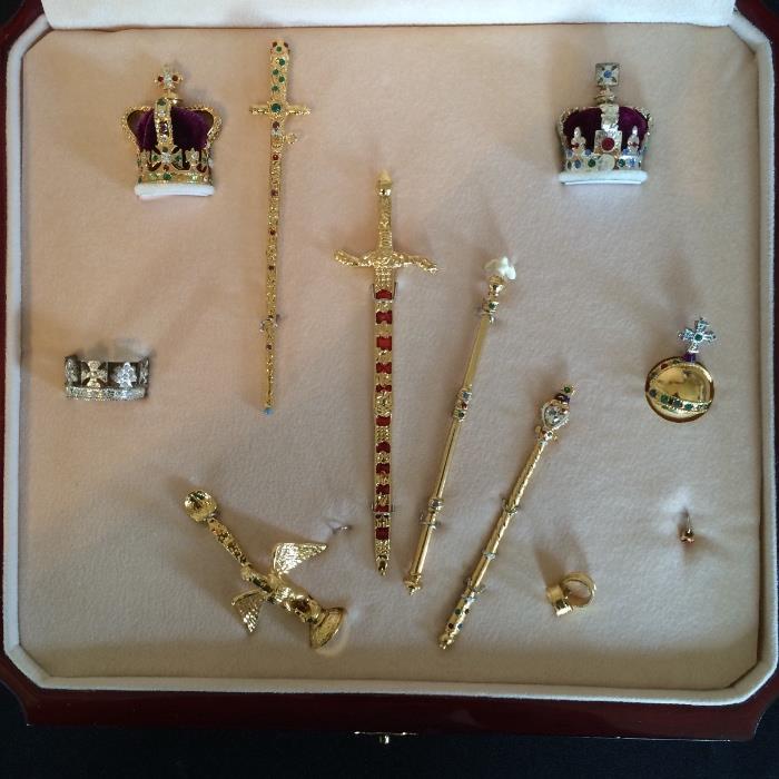 Boxed set of miniatures: "The British Crown Jewels, Coronation Set 1". Set includes 12 pieces.