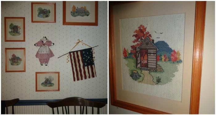 Various framed cross-stitch creations