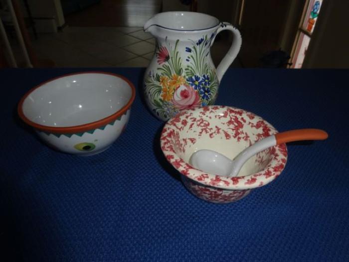 A pitcher and various bowls.