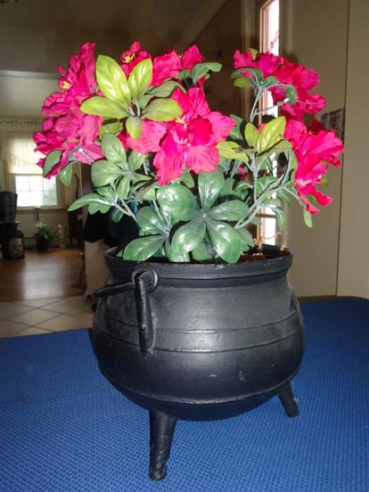 A cauldron with potted plants.