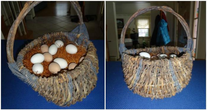 A wicker basket with eggs