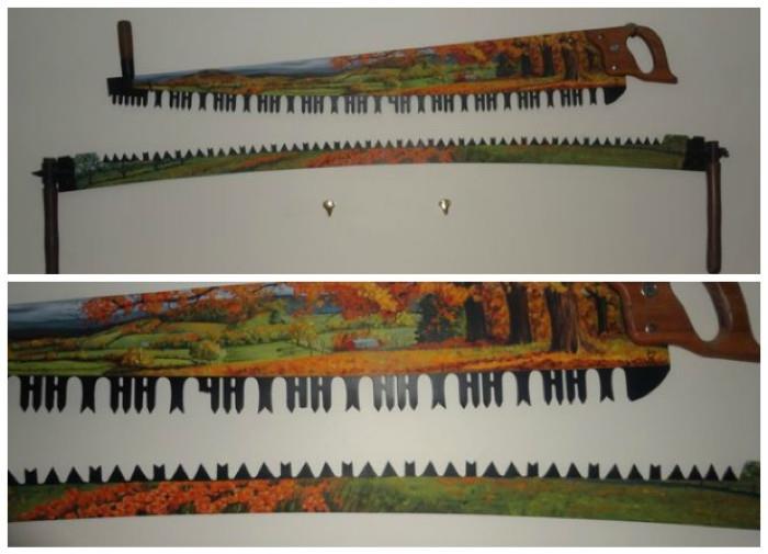 A pair of decorative saws