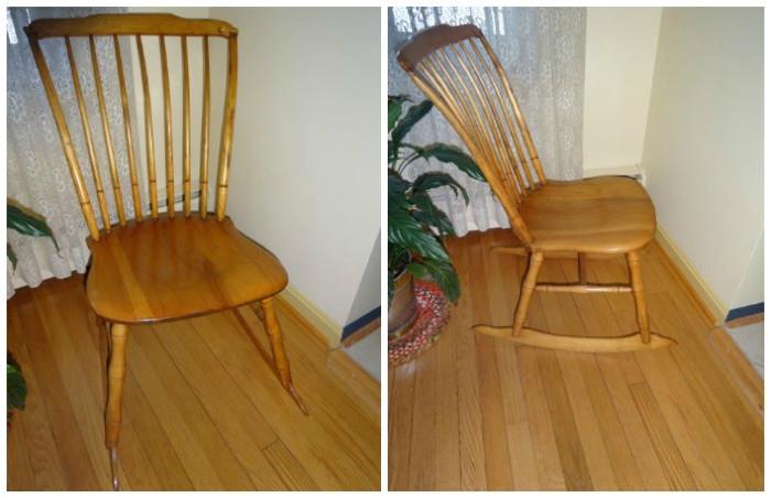 A wood rocking chair