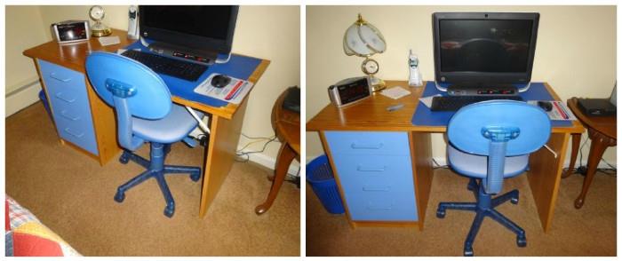 A blue and wood desk and chair