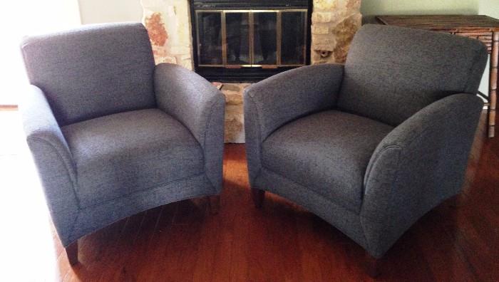 great neutral color steel blue mod arm chairs, a recent purchase and in excellent condition 