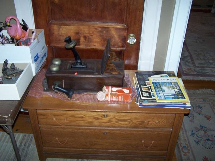 TWO DRAWER  OAK CHEST, OLD OAK WALL PHONE & OTHER MISC.