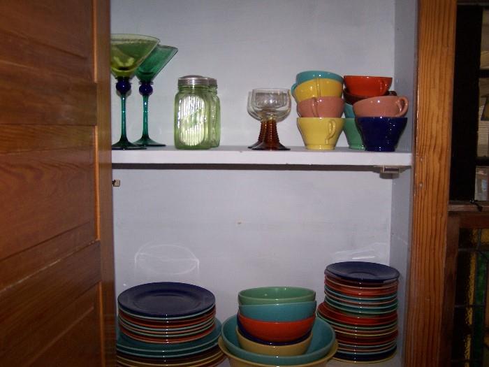 CASUAL DINNERWARE, DEPRESSION SHAKERS & PAIR OF COLORED STEMS