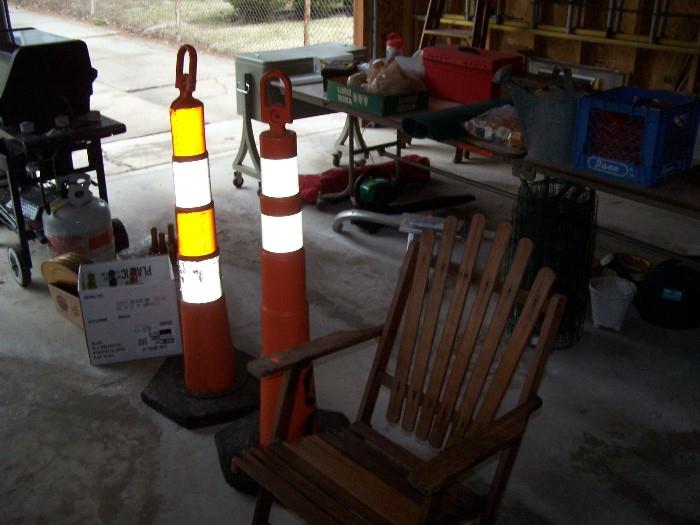 WOODEN LAWN CHAIR, ORANGE CONES ( OHIO'S NEWEST STATE SYMBOL?? ) & MISC.