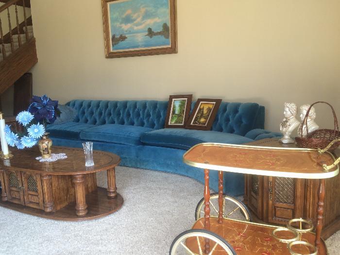Awesome blue velvet sofa, drink cart, etc
