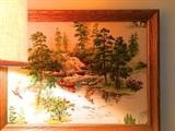 Quilted fishing art, with fish literally jumping off the scene