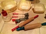 Vintage child's play kitchen utensils with red wooden handles
