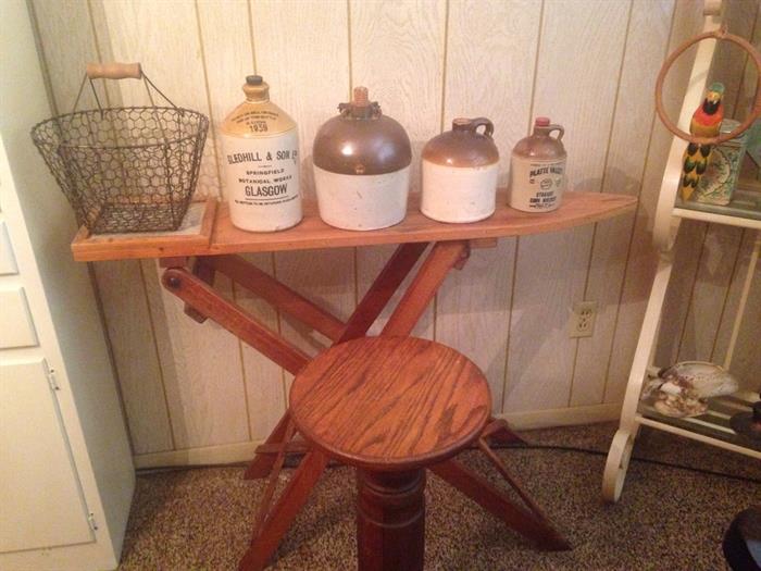 Antique oak ironing board, pedestal, jugs etc.