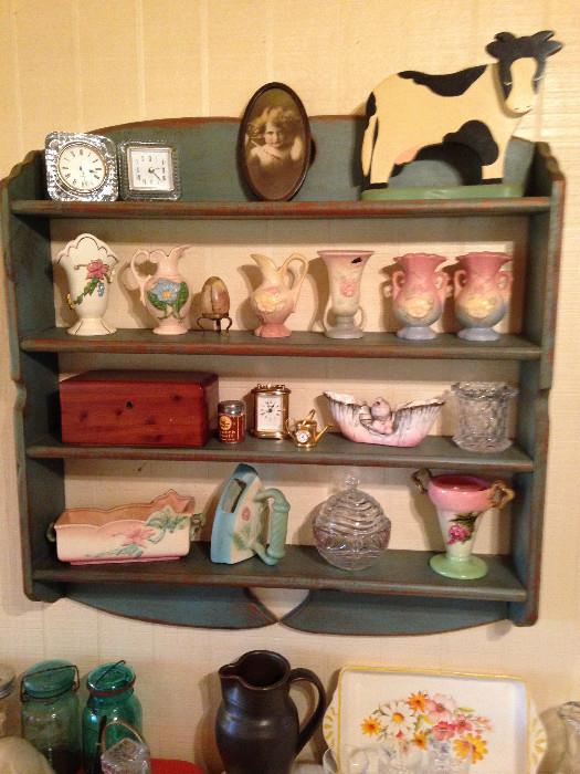 Vintage wall shelf, small Hull vases, Weller and McCoy