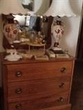 solid oak dresser, porcelain lamps