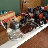 Old clocks, red phone, silver ware box iron,vintage razors, trimmers tortilla press