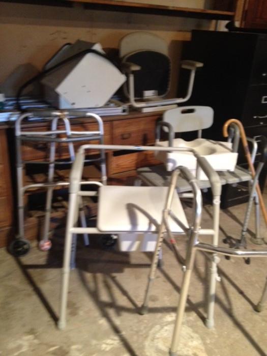 Walkers, Shower Chairs, a Stair Lift, huge assortment of Medical items in the Garage 