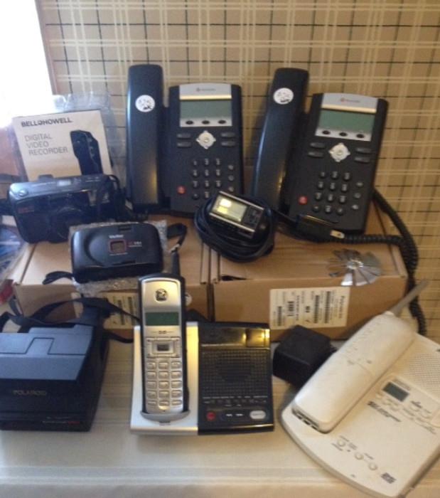 Polycom Phones, Vintage Phones and Cameras including a Vintage Land Camera BC Series, 3 D Camera and more