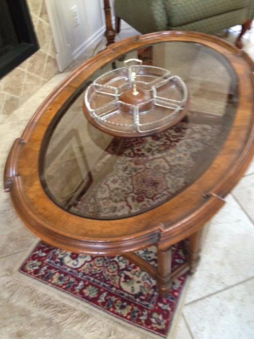 Glass & Wood Traditional Coffee Table, Sarouk Rug and Mid Century Lazy Susan
