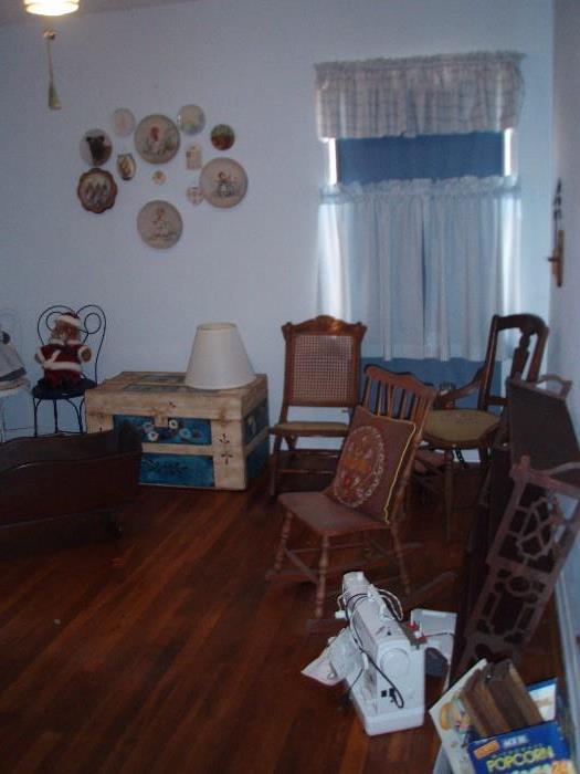 Hand Painted Steamer Truck, Hummel Wall Plates, Antique Oak Chair, Antique Walnut Folding Rocker, Antique Pine Chair, Mahogany shelf, Singer Sewing Machine