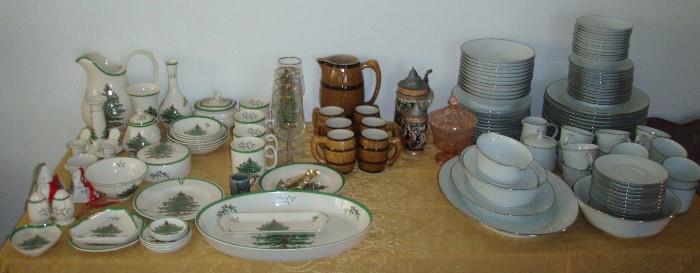 Spode Christmas Serving Pieces, Vintage Barrel Pitcher and Mugs, German Steins, Nice Everyday China