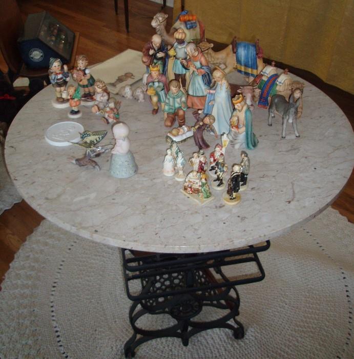 Singer Sewing Stand with Marble Top, Hummel and Porcelain Figurines