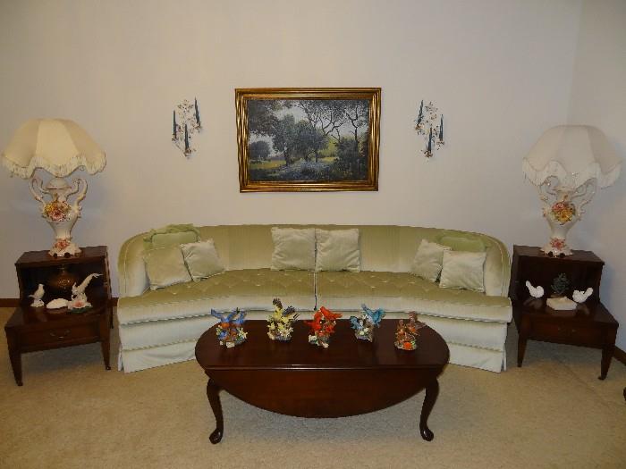 Mid-Century Clyde & Pearson Sofa, Outstanding, Capodimonte Lamps, Heckman End Tables, American Drew Cherry Drop Leaf Coffee Table