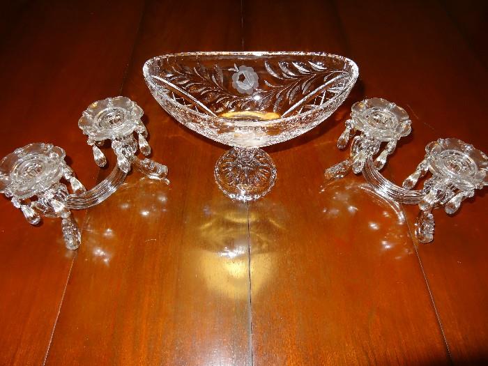 Crystal Pedestal Bowl, and Candle Holders